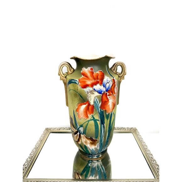 Stunning Large Antique Asian Handpainted Pottery Vase Ruffle Rim Handles Raised - Picture 2 of 10